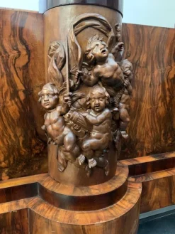 Pamono Walnut Bed and Nightstands with Cherub Carvings by Ducrot, 1920s, Set of 3