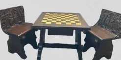 Pamono Walnut Chess Table with Hand-Carved Figures, Spain, 1960s, Set of 3 New