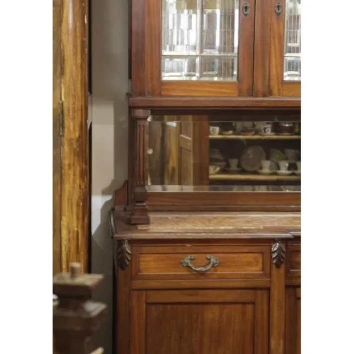 Pamono Walnut Cupboard with Beveled Glass and Marble Top Hot