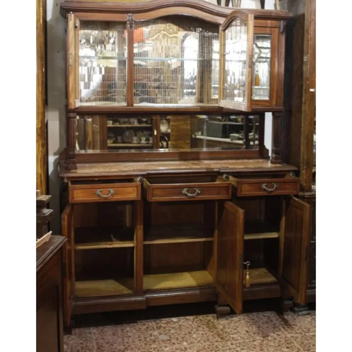 Pamono Walnut Cupboard with Beveled Glass and Marble Top Hot