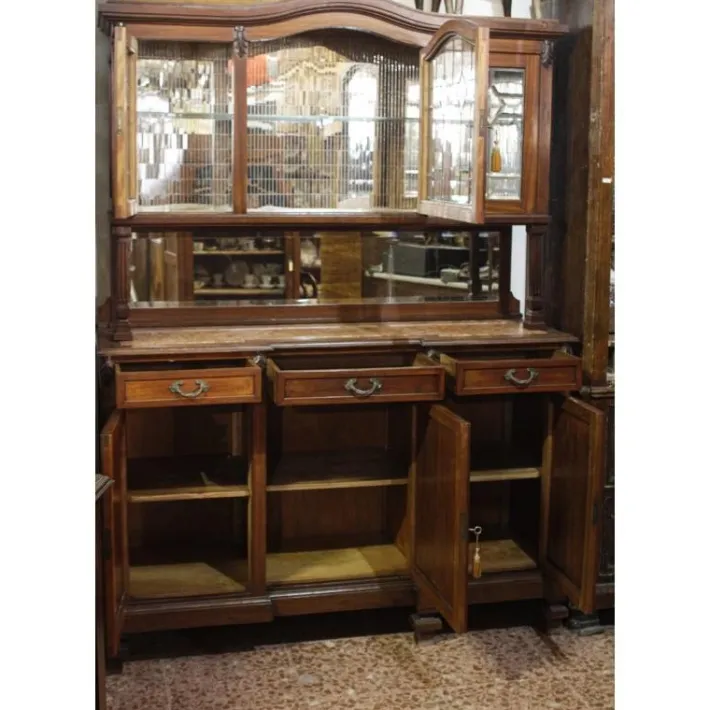 Pamono Walnut Cupboard with Beveled Glass and Marble Top Hot
