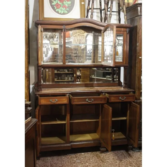 Pamono Walnut Cupboard with Beveled Glass and Marble Top Hot