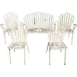 Pamono White Painted Wrought Iron and Metal Bistro Chairs and Sofa in the style of Mathieu Matégot, France, 1950s, Set of 5 Hot