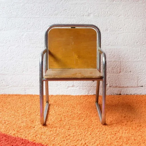 Pamono Wood and Chrome Tubular Childrens Chair, 1960s New