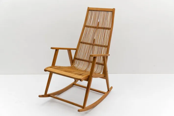 Pamono Wood and Rattan Rocking Chair from Deutsche Werkstätten Hellerau, 1960s