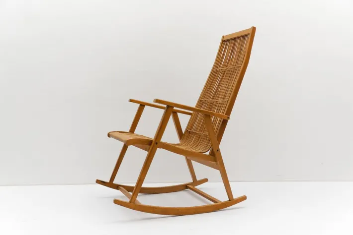 Pamono Wood and Rattan Rocking Chair from Deutsche Werkstätten Hellerau, 1960s