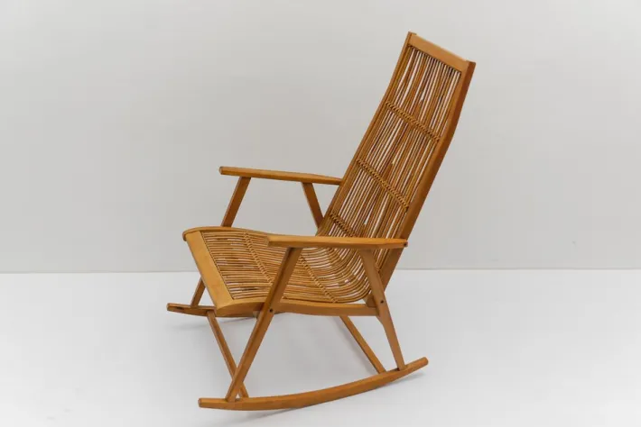 Pamono Wood and Rattan Rocking Chair from Deutsche Werkstätten Hellerau, 1960s