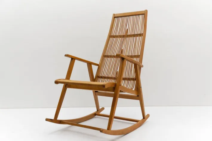 Pamono Wood and Rattan Rocking Chair from Deutsche Werkstätten Hellerau, 1960s